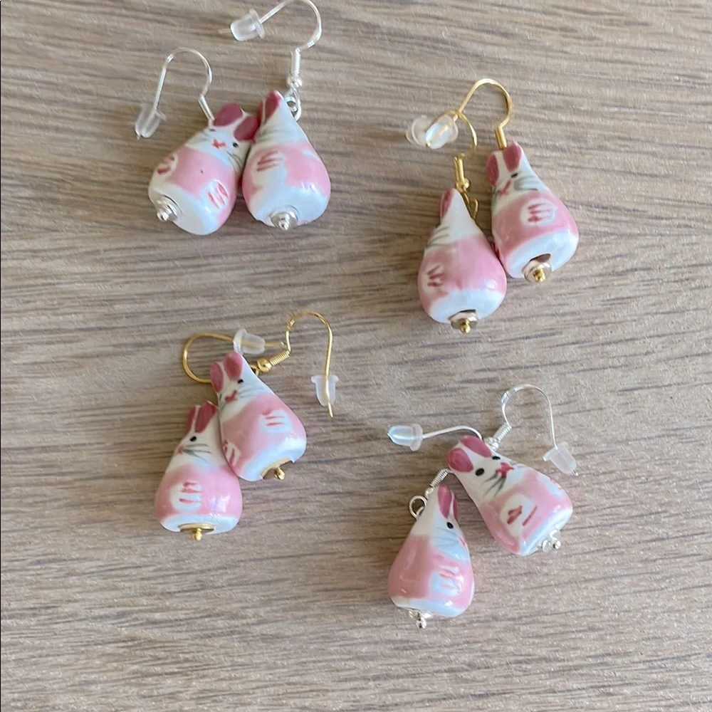 HAND CRAFTED EASTER BUNNY EARRINGS Ceramic Pink White Silver Gold Whimsical Fun
